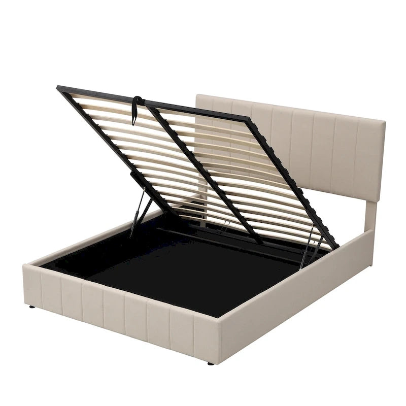 Lit plateforme rembourré avec système de rangement hydraulique, tissu en lin, taille double/grand.