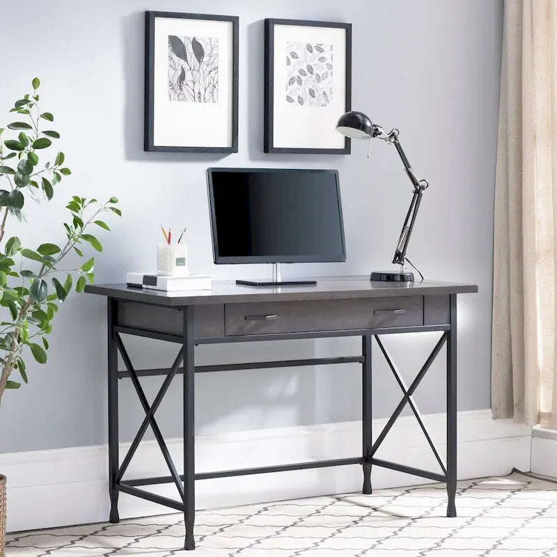 Bureau d'écriture en métal gris et bois avec tiroir pour clavier rabattable – Bureau d'ordinateur moderne pour la maison