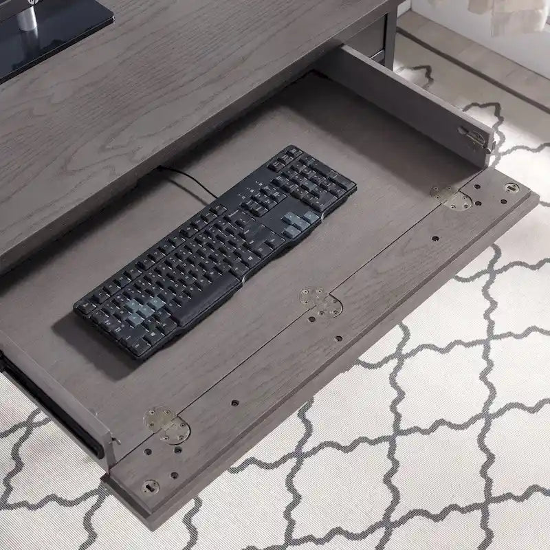Bureau d'écriture en métal gris et bois avec tiroir pour clavier rabattable – Bureau d'ordinateur moderne pour la maison