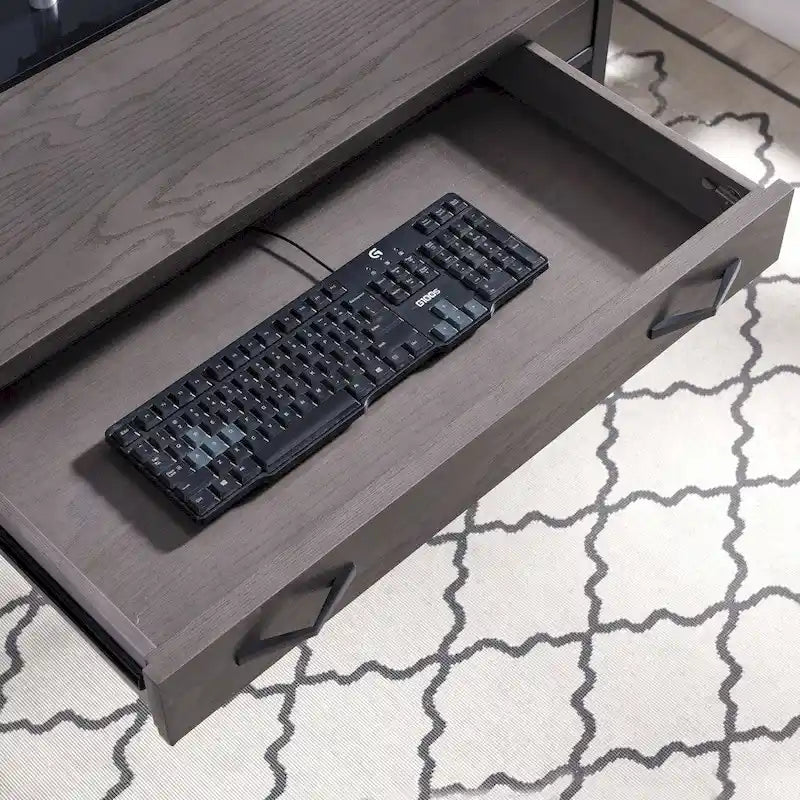 Bureau d'écriture en métal gris et bois avec tiroir pour clavier rabattable – Bureau d'ordinateur moderne pour la maison
