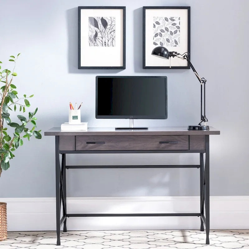 Bureau d'écriture en métal gris et bois avec tiroir pour clavier rabattable – Bureau d'ordinateur moderne pour la maison