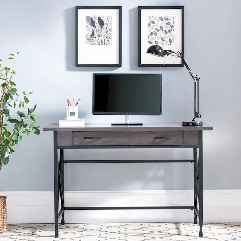 Bureau d'écriture en métal gris et bois avec tiroir pour clavier rabattable – Bureau d'ordinateur moderne pour la maison