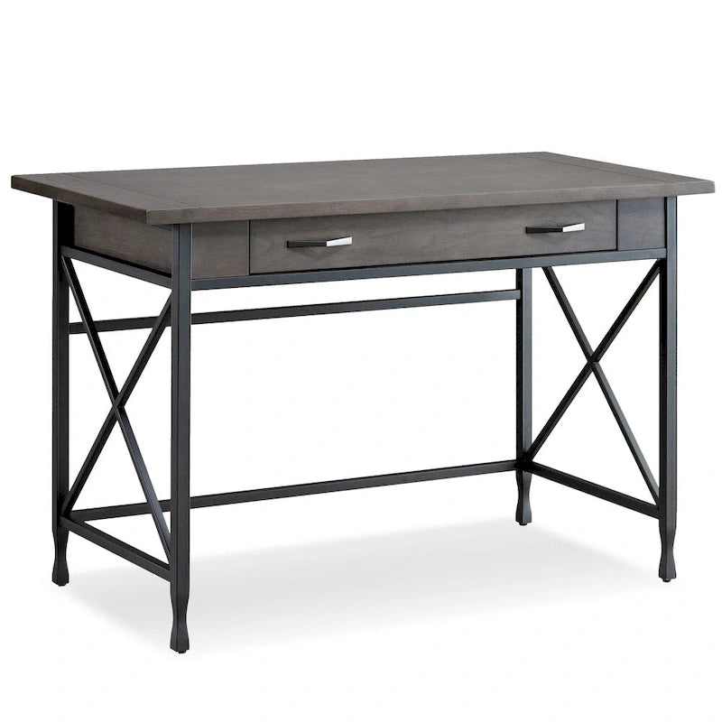 Bureau d'écriture en métal gris et bois avec tiroir pour clavier rabattable – Bureau d'ordinateur moderne pour la maison