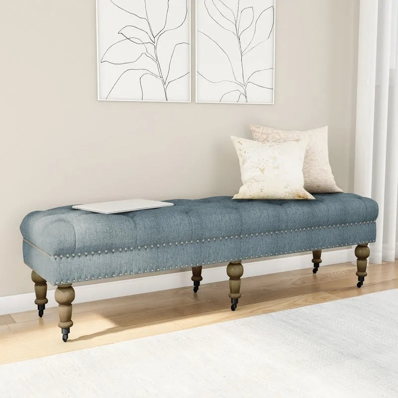 Banc capitonné bleu clair avec pieds gris vieillis – Siège d'appoint élégant pour chambre ou entrée