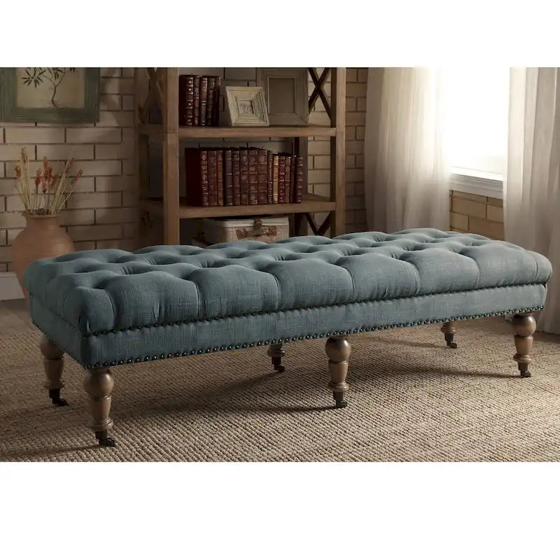 Banc capitonné bleu clair avec pieds gris vieillis – Siège d'appoint élégant pour chambre ou entrée