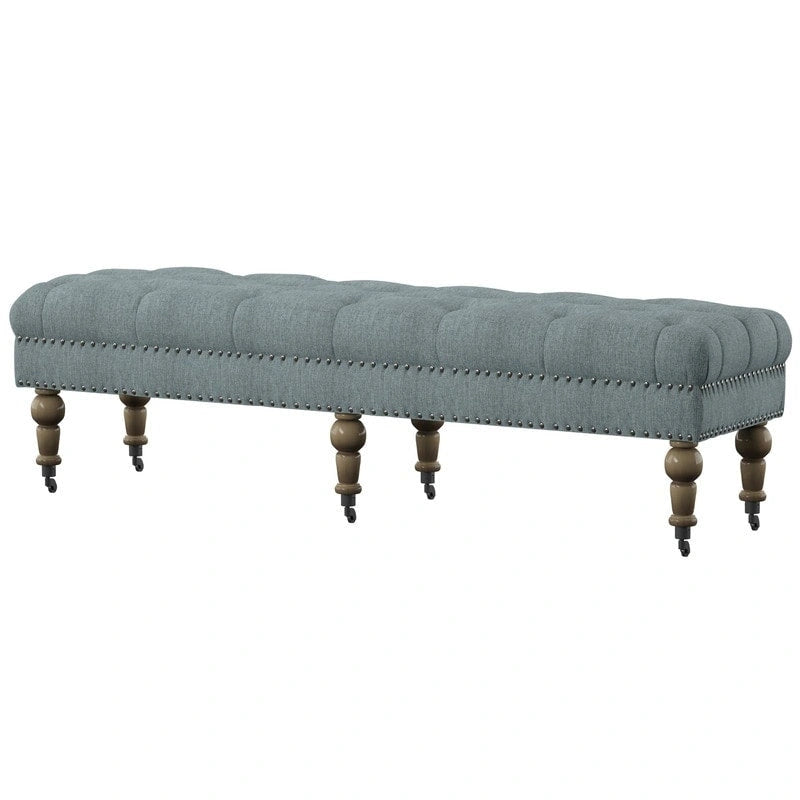 Banc capitonné bleu clair avec pieds gris vieillis – Siège d'appoint élégant pour chambre ou entrée