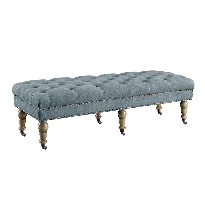 Banc capitonné bleu clair avec pieds gris vieillis – Siège d'appoint élégant pour chambre ou entrée