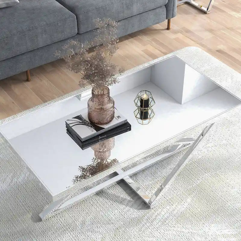Table basse en acier chromé avec plateau en verre miroir – Table de salon glamour