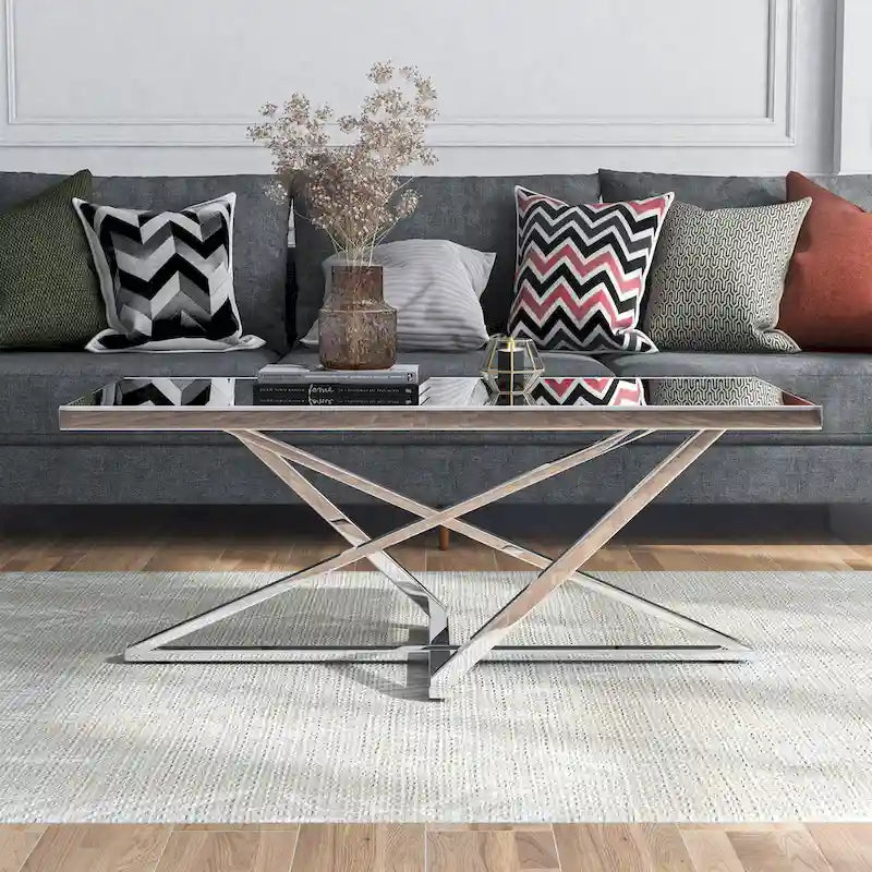 Table basse en acier chromé avec plateau en verre miroir – Table de salon glamour