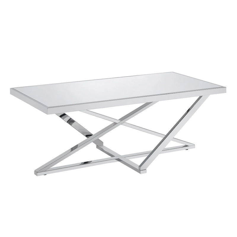 Table basse en acier chromé avec plateau en verre miroir – Table de salon glamour
