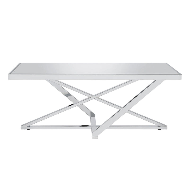Table basse en acier chromé avec plateau en verre miroir – Table de salon glamour