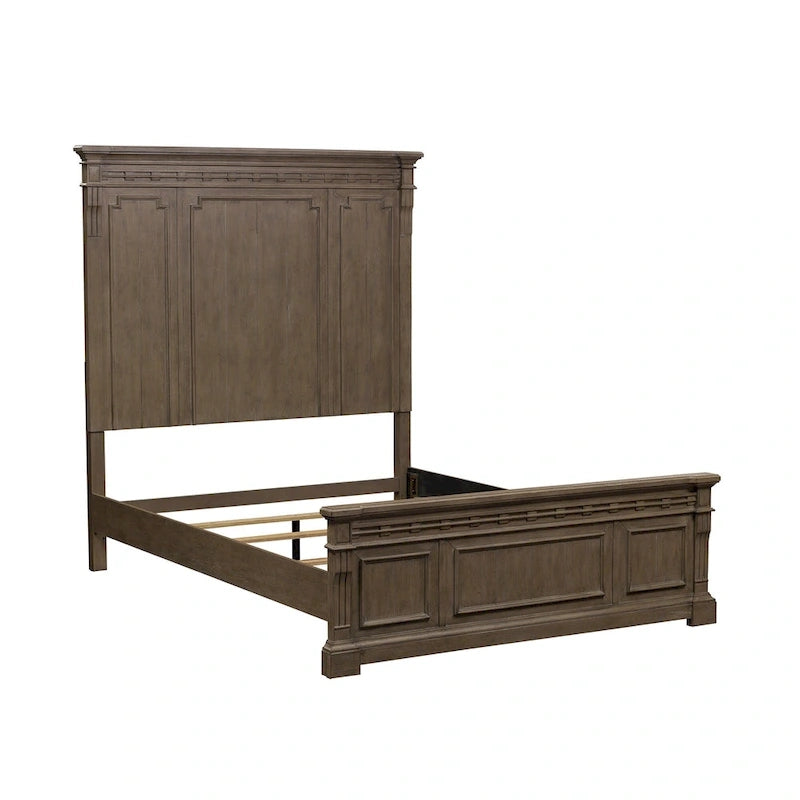 Lit en panneau de Rubberwood Taupe Dusty avec détails de Fretwork sculpté, Queen/King