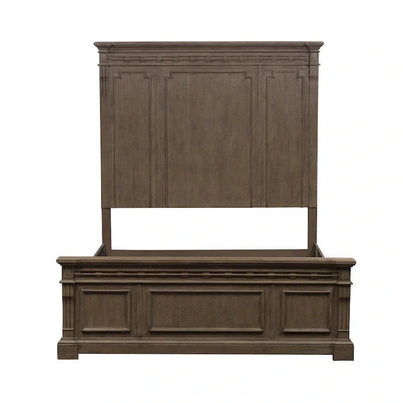 Lit en panneau de Rubberwood Taupe Dusty avec détails de Fretwork sculpté, Queen/King