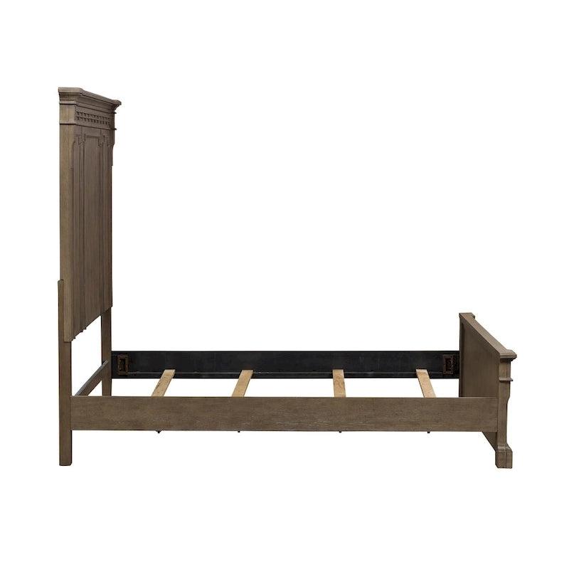 Lit en panneau de Rubberwood Taupe Dusty avec détails de Fretwork sculpté, Queen/King