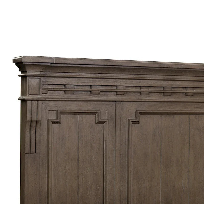 Lit en panneau de Rubberwood Taupe Dusty avec détails de Fretwork sculpté, Queen/King