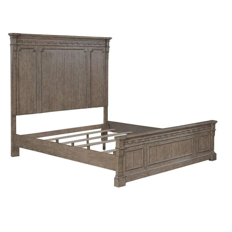 Lit en panneau de Rubberwood Taupe Dusty avec détails de Fretwork sculpté, Queen/King