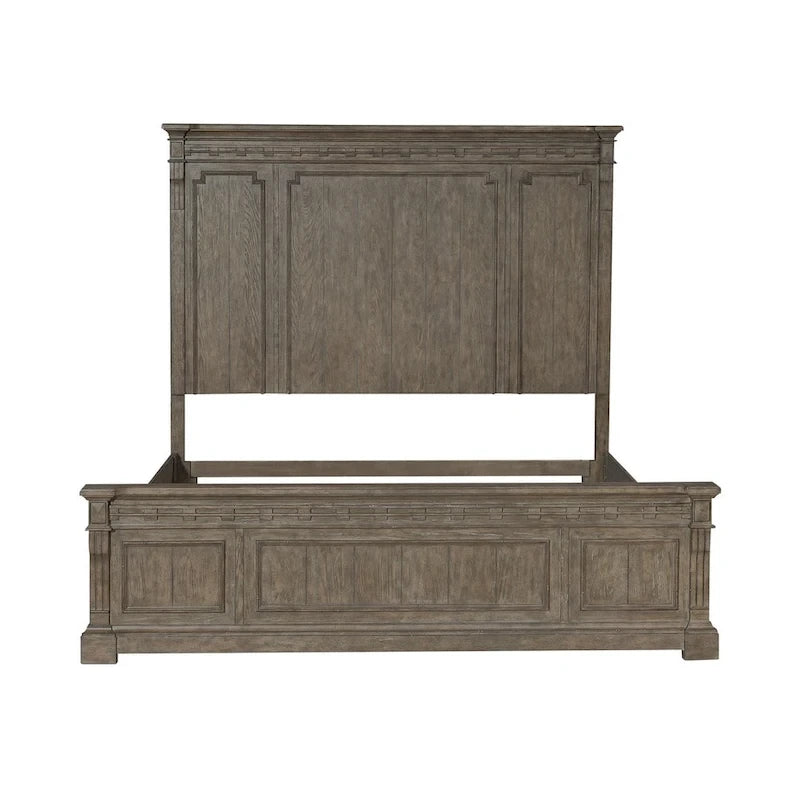 Lit en panneau de Rubberwood Taupe Dusty avec détails de Fretwork sculpté, Queen/King