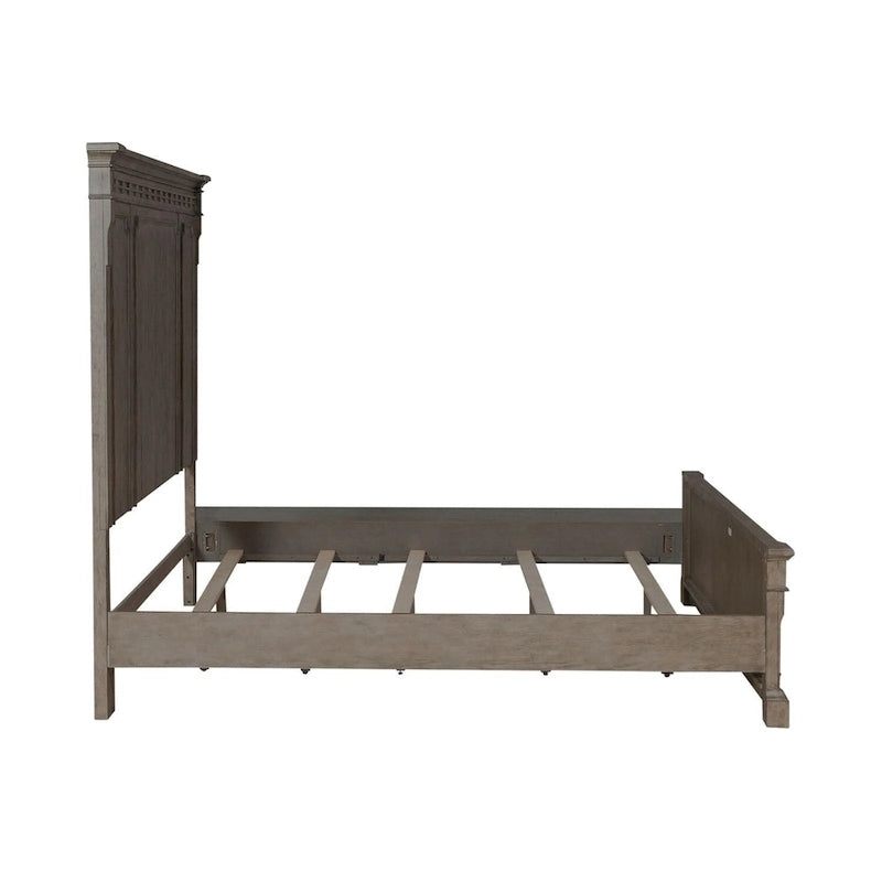Lit en panneau de Rubberwood Taupe Dusty avec détails de Fretwork sculpté, Queen/King