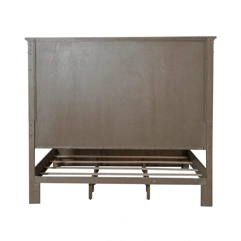 Lit en panneau de Rubberwood Taupe Dusty avec détails de Fretwork sculpté, Queen/King