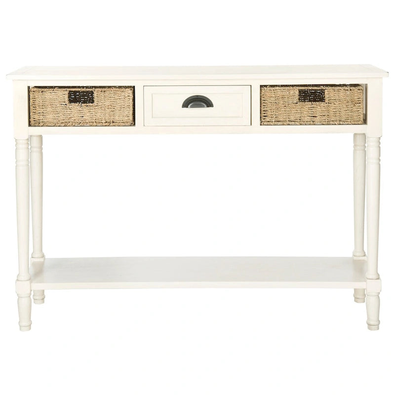 Console de style champêtre gris avec paniers en rotin et étagère de rangement, 114 cm de large