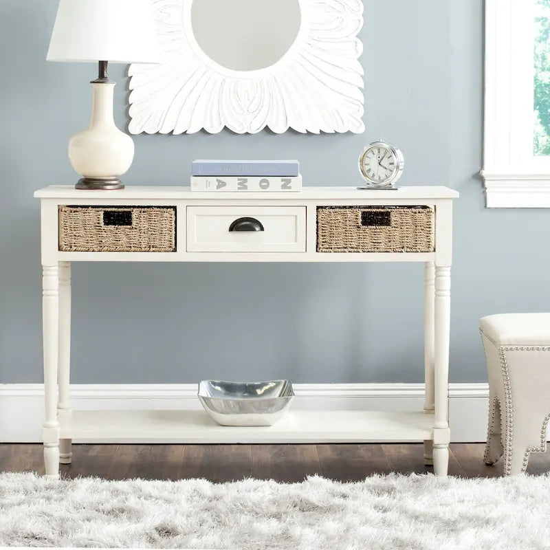 Console de style champêtre gris avec paniers en rotin et étagère de rangement, 114 cm de large