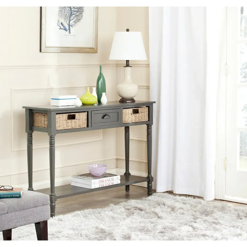 Console de style champêtre gris avec paniers en rotin et étagère de rangement, 114 cm de large