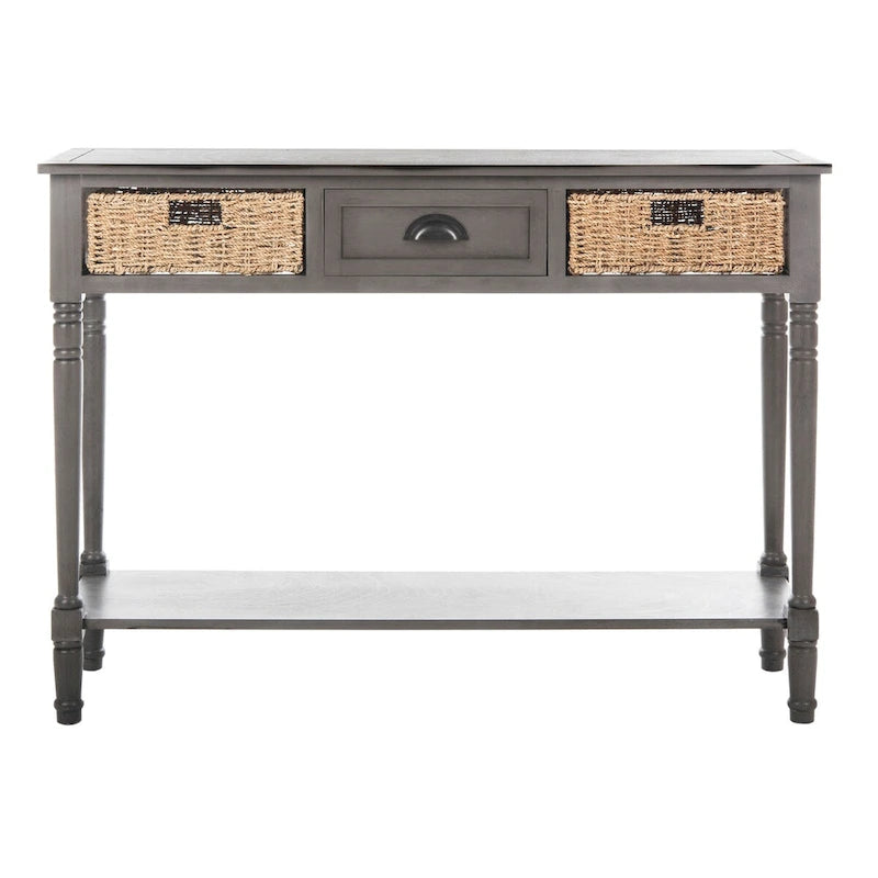 Console de style champêtre gris avec paniers en rotin et étagère de rangement, 114 cm de large