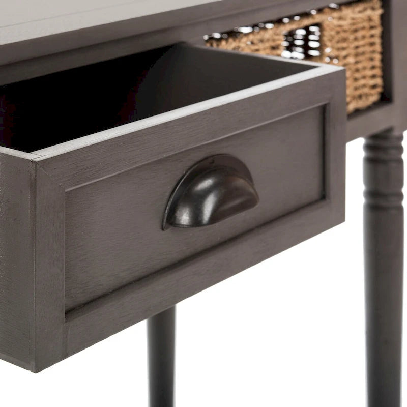Console de style champêtre gris avec paniers en rotin et étagère de rangement, 114 cm de large
