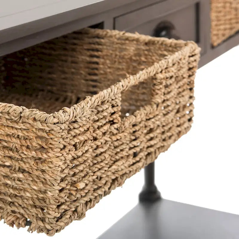 Console de style champêtre gris avec paniers en rotin et étagère de rangement, 114 cm de large
