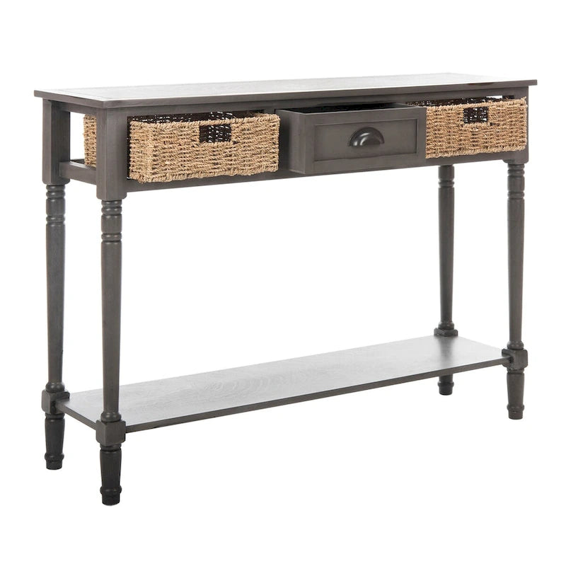 Console de style champêtre gris avec paniers en rotin et étagère de rangement, 114 cm de large
