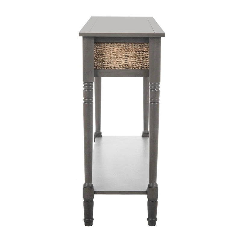 Console de style champêtre gris avec paniers en rotin et étagère de rangement, 114 cm de large