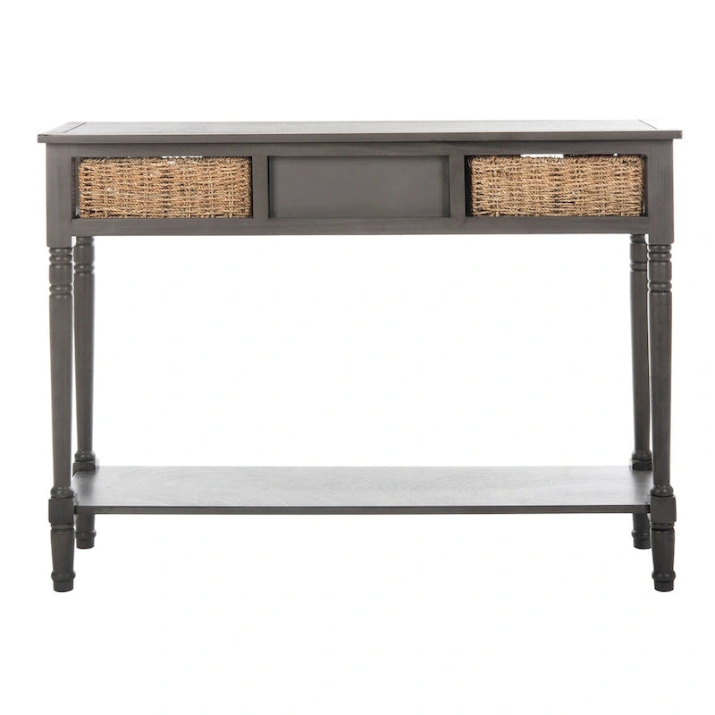 Console de style champêtre gris avec paniers en rotin et étagère de rangement, 114 cm de large