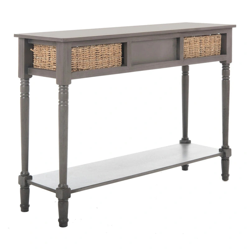Console de style champêtre gris avec paniers en rotin et étagère de rangement, 114 cm de large