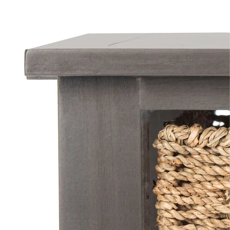 Console de style champêtre gris avec paniers en rotin et étagère de rangement, 114 cm de large