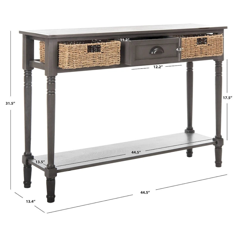 Console de style champêtre gris avec paniers en rotin et étagère de rangement, 114 cm de large