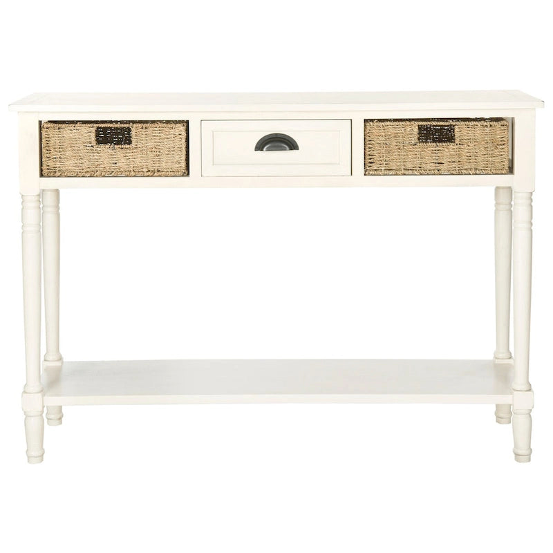 Console de style champêtre gris avec paniers en rotin et étagère de rangement, 114 cm de large