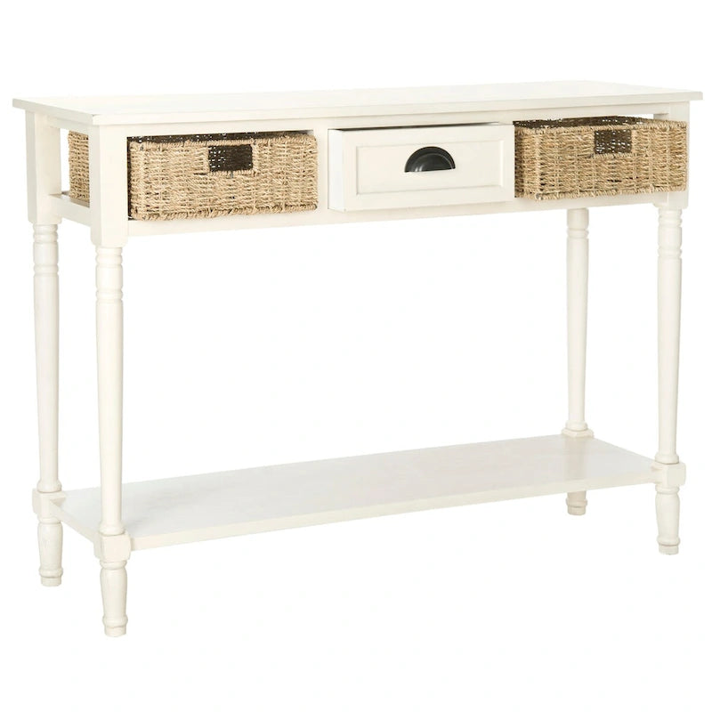 Console de style champêtre gris avec paniers en rotin et étagère de rangement, 114 cm de large