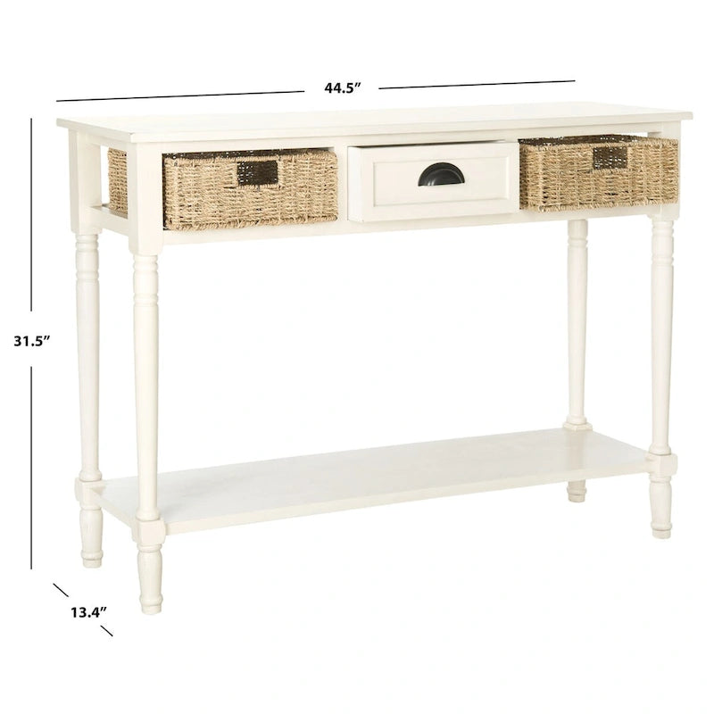 Console de style champêtre gris avec paniers en rotin et étagère de rangement, 114 cm de large