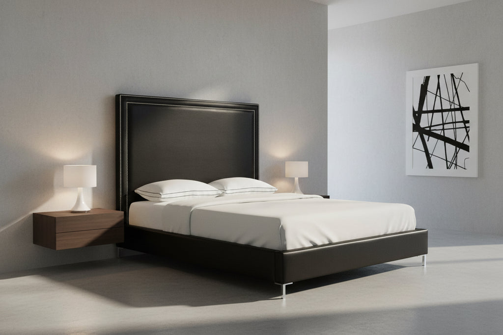 Black Solid Wood Queen Upholstered Faux Leather Bed with Nailhead Trim