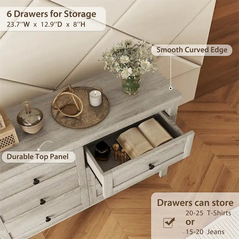 Commode en bois à 6 tiroirs – Armoire de chambre spacieuse avec rails de glissement lisses