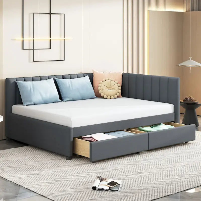 Lit de repos capitonné pleine grandeur avec 2 tiroirs de rangement Cadre de lit banquette Aucun sommier tapissier requis