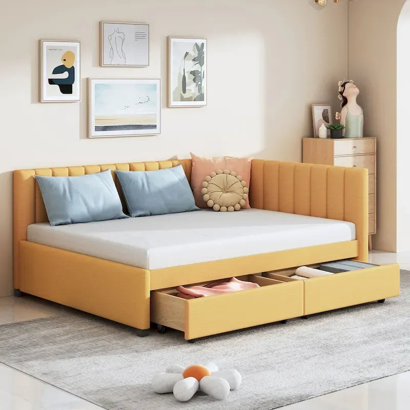Lit de repos capitonné pleine grandeur avec 2 tiroirs de rangement Cadre de lit banquette Aucun sommier tapissier requis