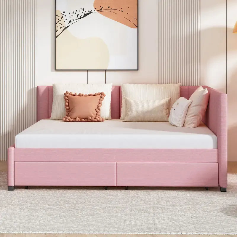 Lit de repos capitonné pleine grandeur avec 2 tiroirs de rangement Cadre de lit banquette Aucun sommier tapissier requis
