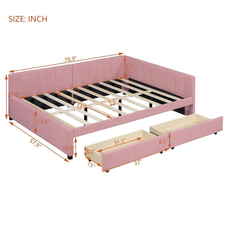 Lit de repos capitonné pleine grandeur avec 2 tiroirs de rangement Cadre de lit banquette Aucun sommier tapissier requis