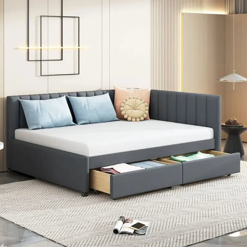 Lit de repos capitonné pleine grandeur avec 2 tiroirs de rangement Cadre de lit banquette Aucun sommier tapissier requis