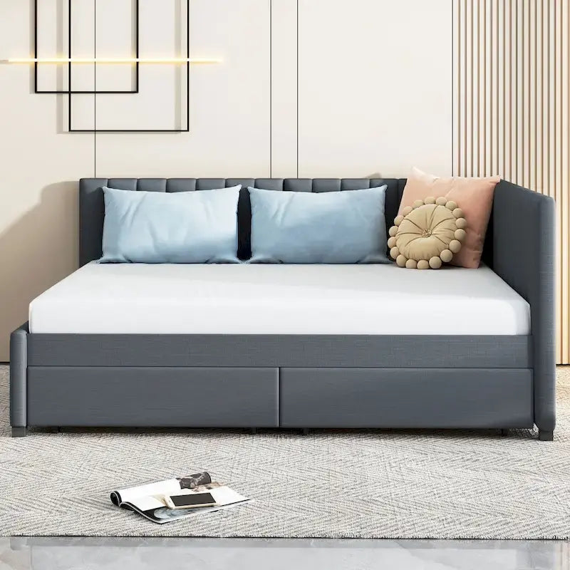 Lit de repos capitonné pleine grandeur avec 2 tiroirs de rangement Cadre de lit banquette Aucun sommier tapissier requis