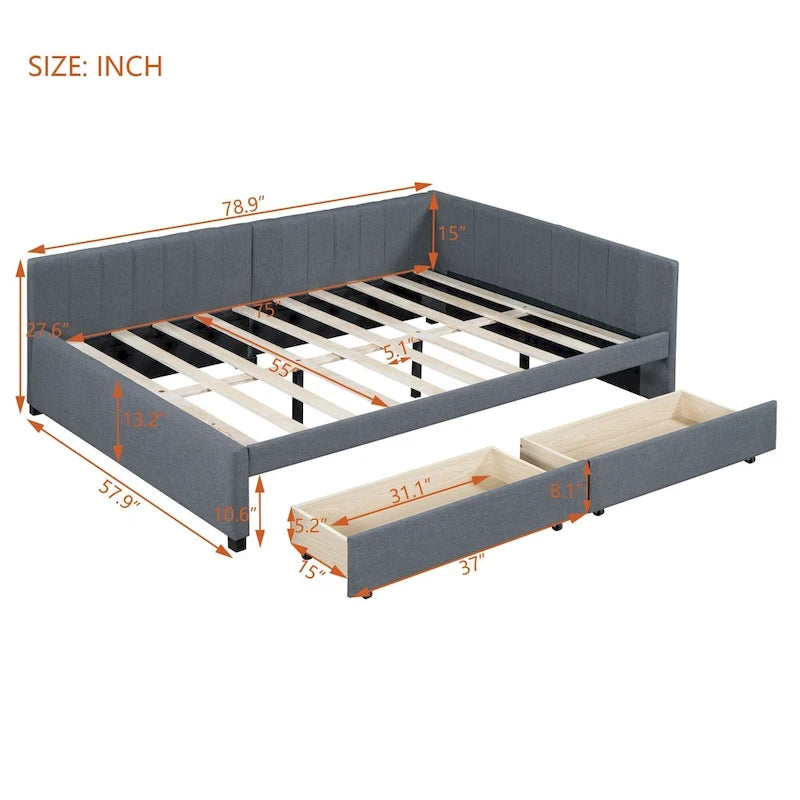Lit de repos capitonné pleine grandeur avec 2 tiroirs de rangement Cadre de lit banquette Aucun sommier tapissier requis