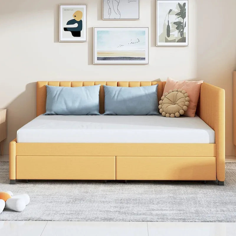 Lit de repos capitonné pleine grandeur avec 2 tiroirs de rangement Cadre de lit banquette Aucun sommier tapissier requis