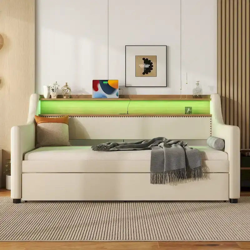 Lit de repos simple en cuir avec lit gigogne, éclairage LED et ports USB – Tête de lit de rangement incluse