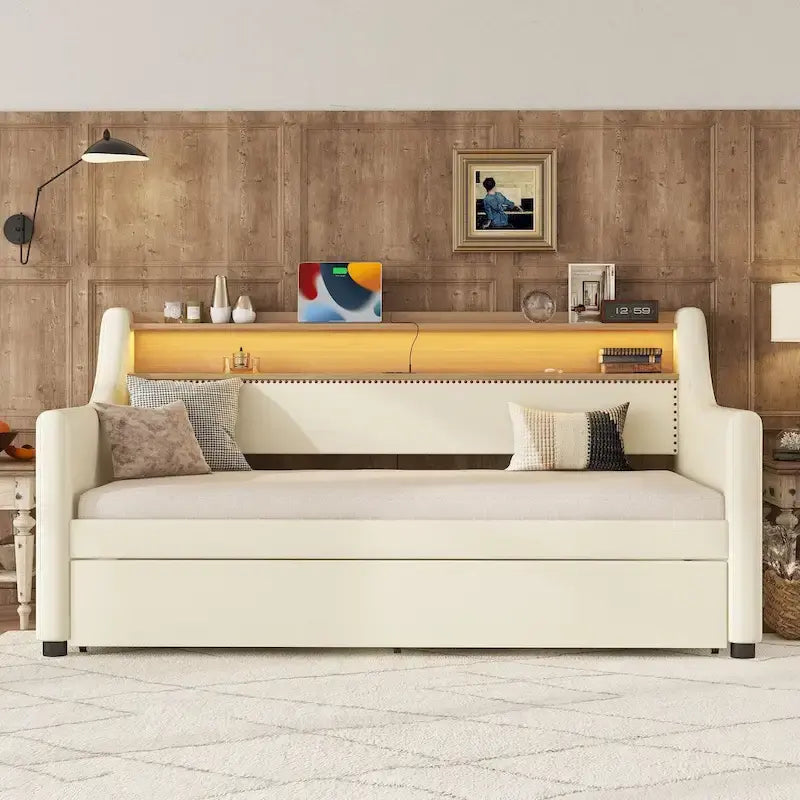 Lit de repos simple en cuir avec lit gigogne, éclairage LED et ports USB – Tête de lit de rangement incluse
